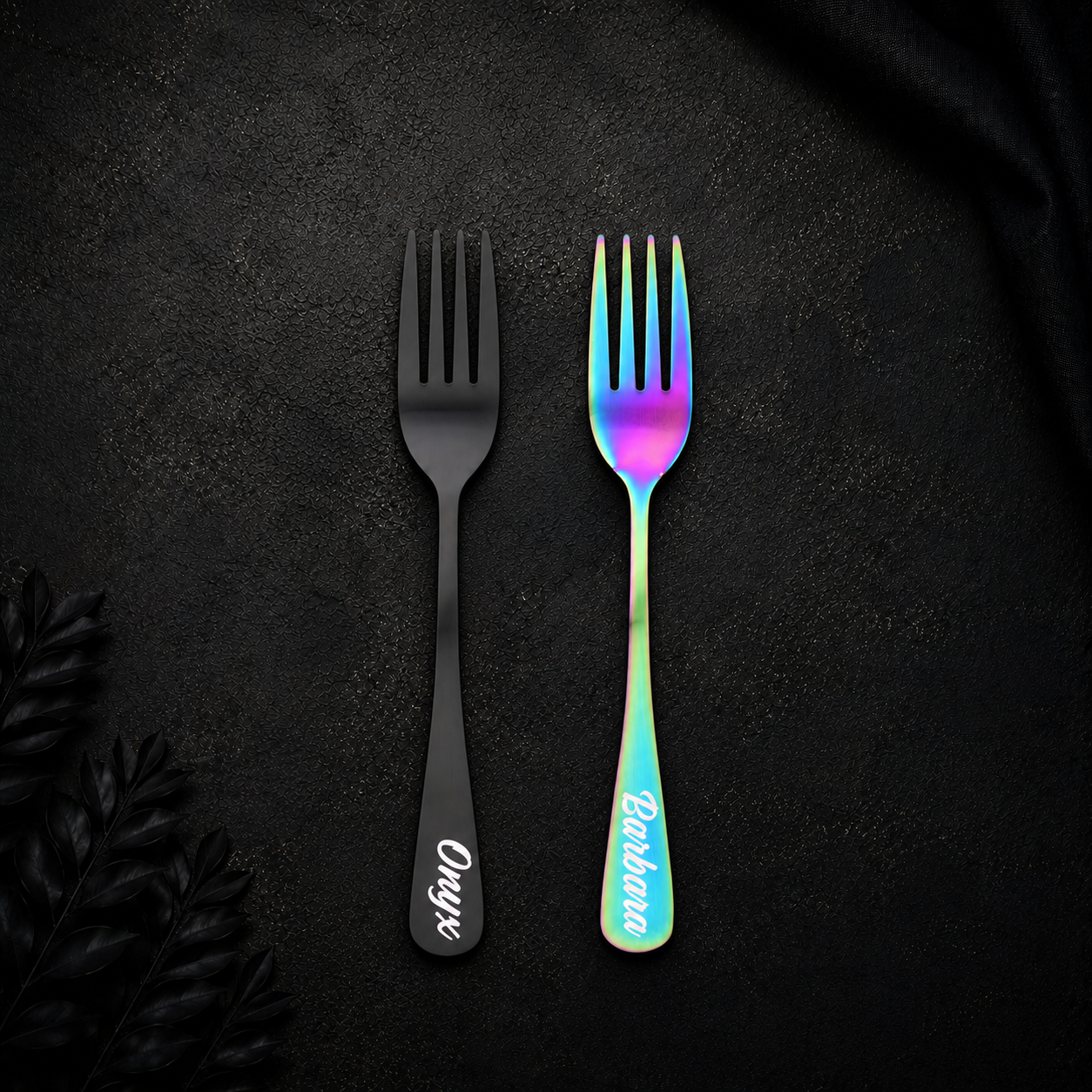 Personalized stainless steel flatware pieces available individually.