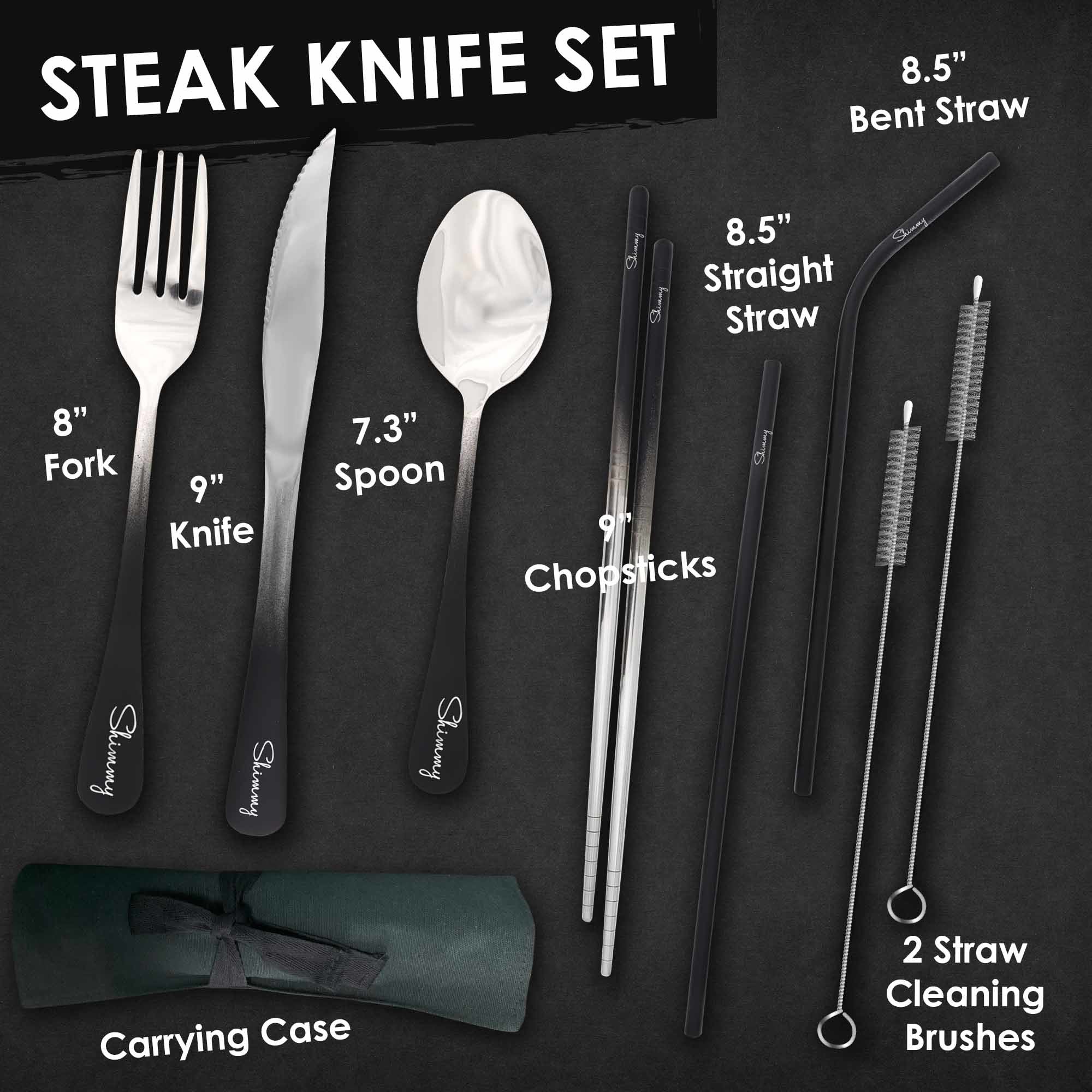 9-Piece Travel Flatware Set with Steak Knife (Matte Black Ombré)