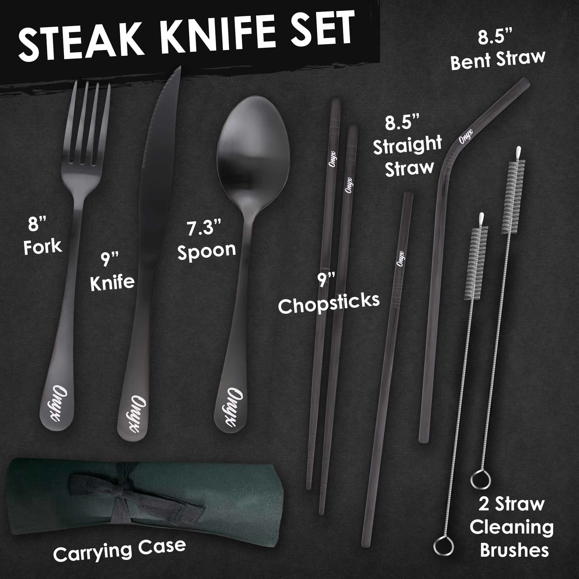 9-Piece Travel Flatware Set with Steak Knife (Satin Black)