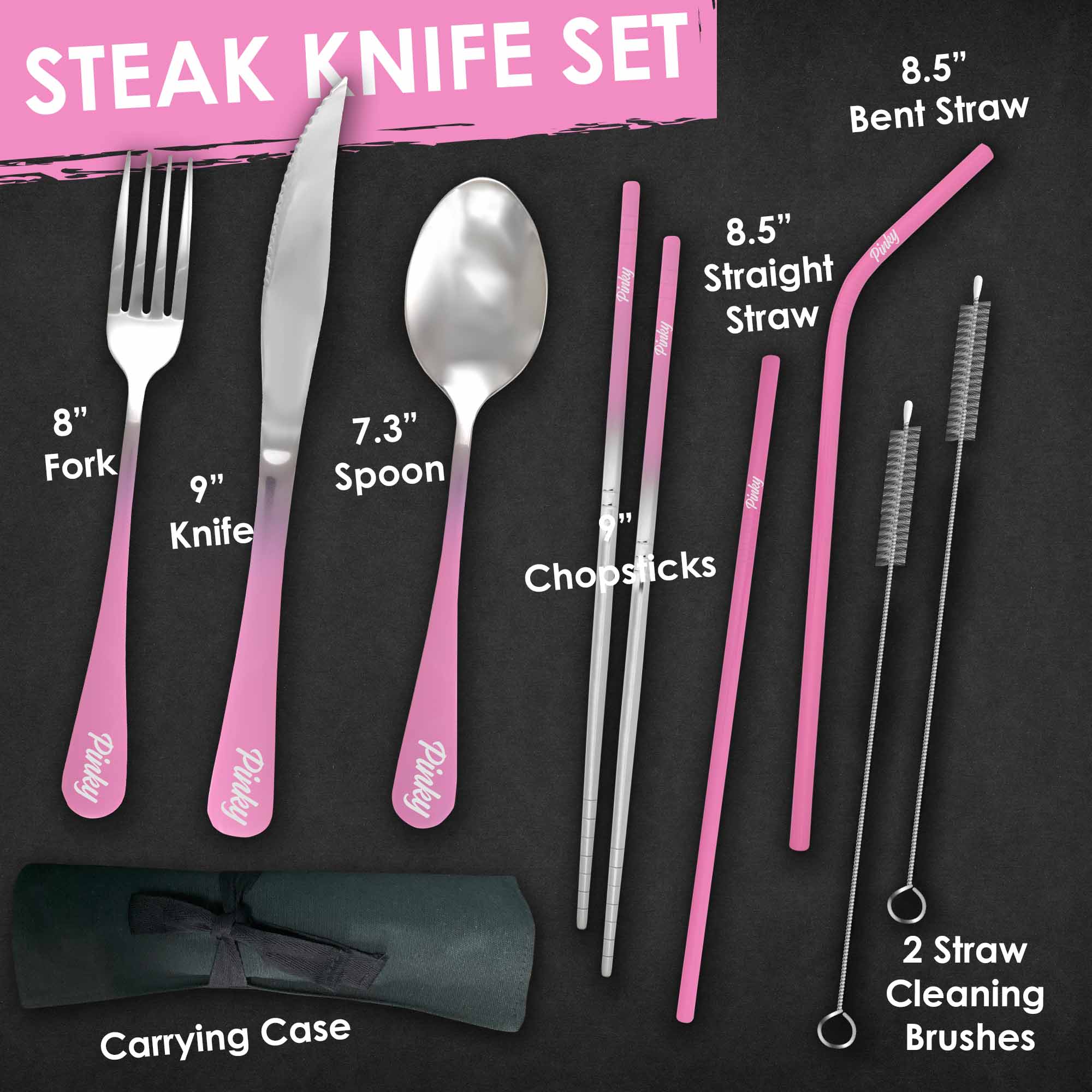 9-Piece Travel Flatware Set with Steak Knife (Glossy Pink Ombré)