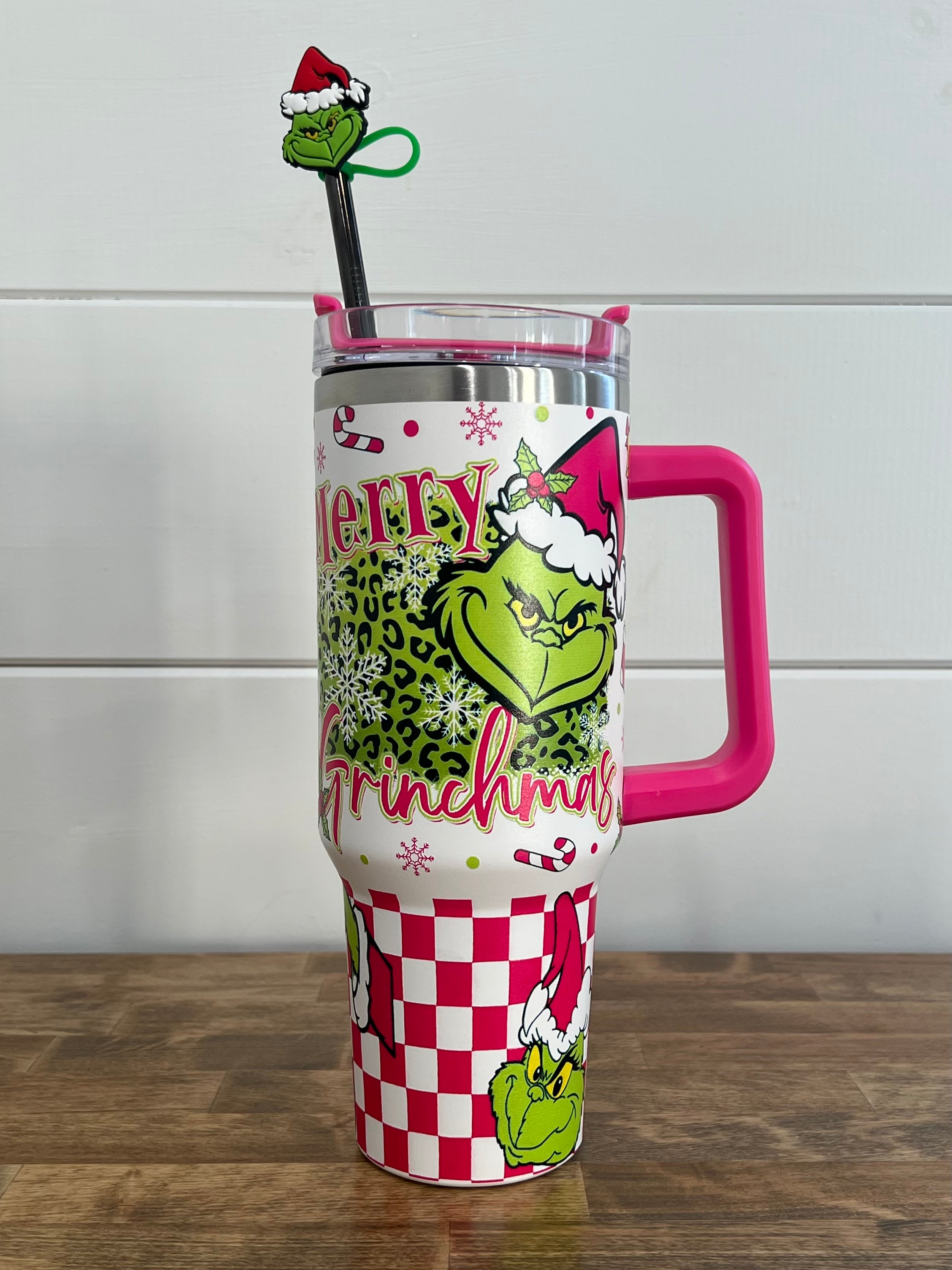 40oz Grinch Christmas Tumbler (Pink Checkers)