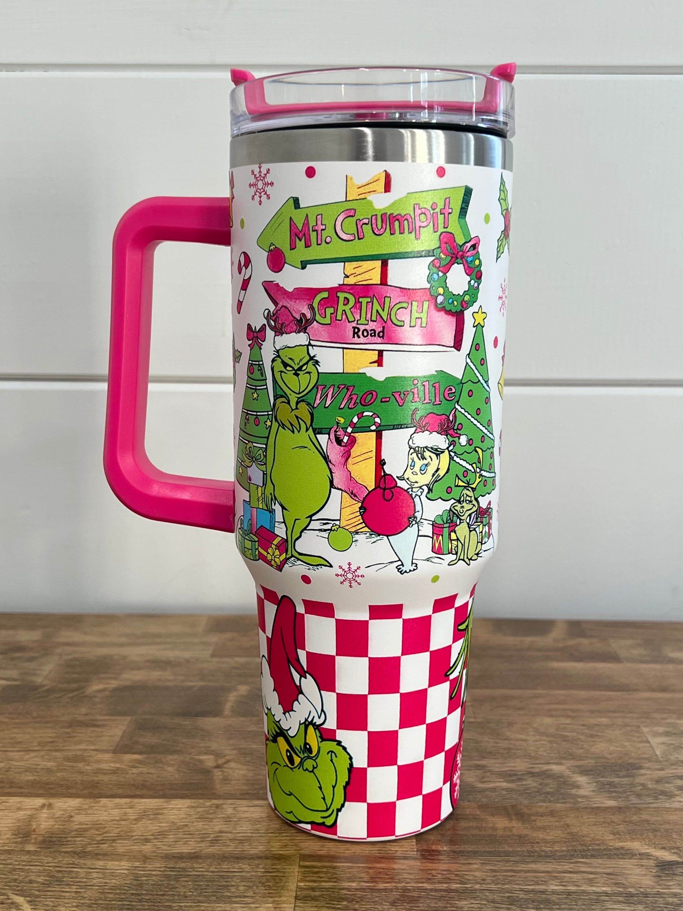 40oz Grinch Christmas Tumbler (Pink Checkers)