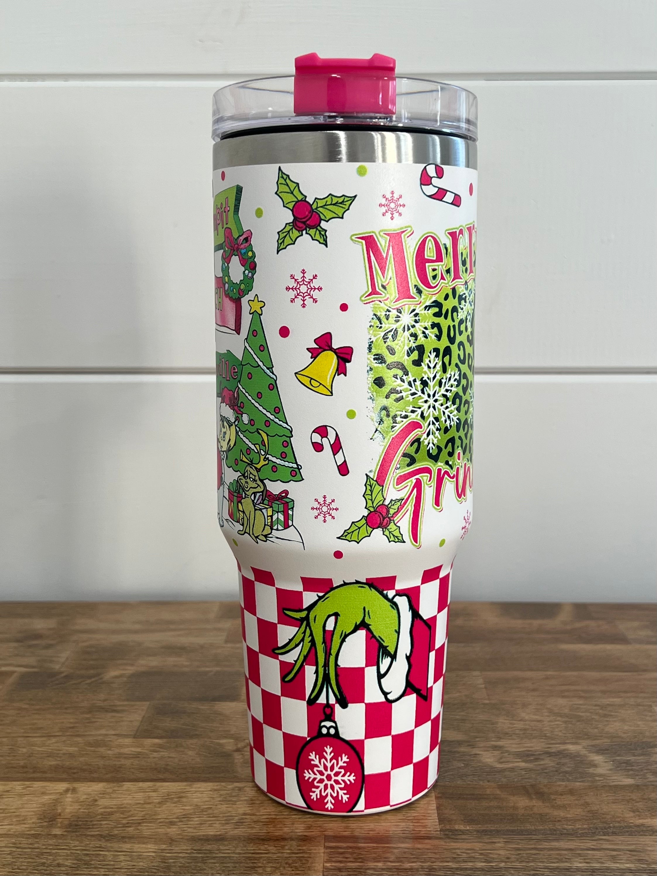 40oz Grinch Christmas Tumbler (Pink Checkers)