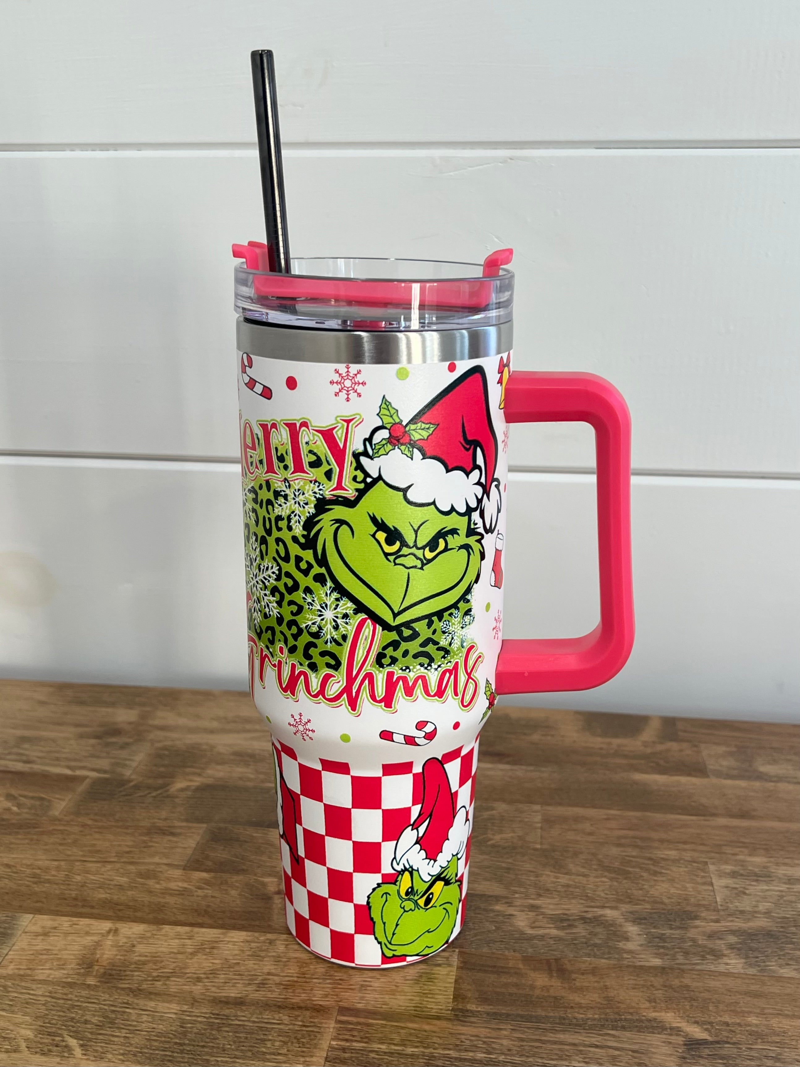 40oz Grinch Christmas Tumbler (Pink Checkers)