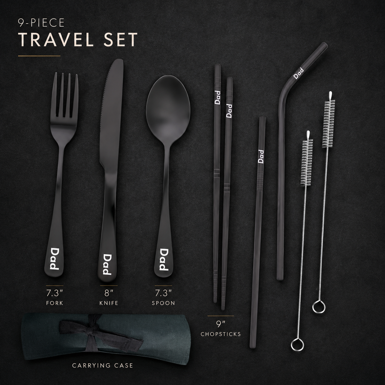 Satin black reusable travel cutlery set dimensions and included pieces