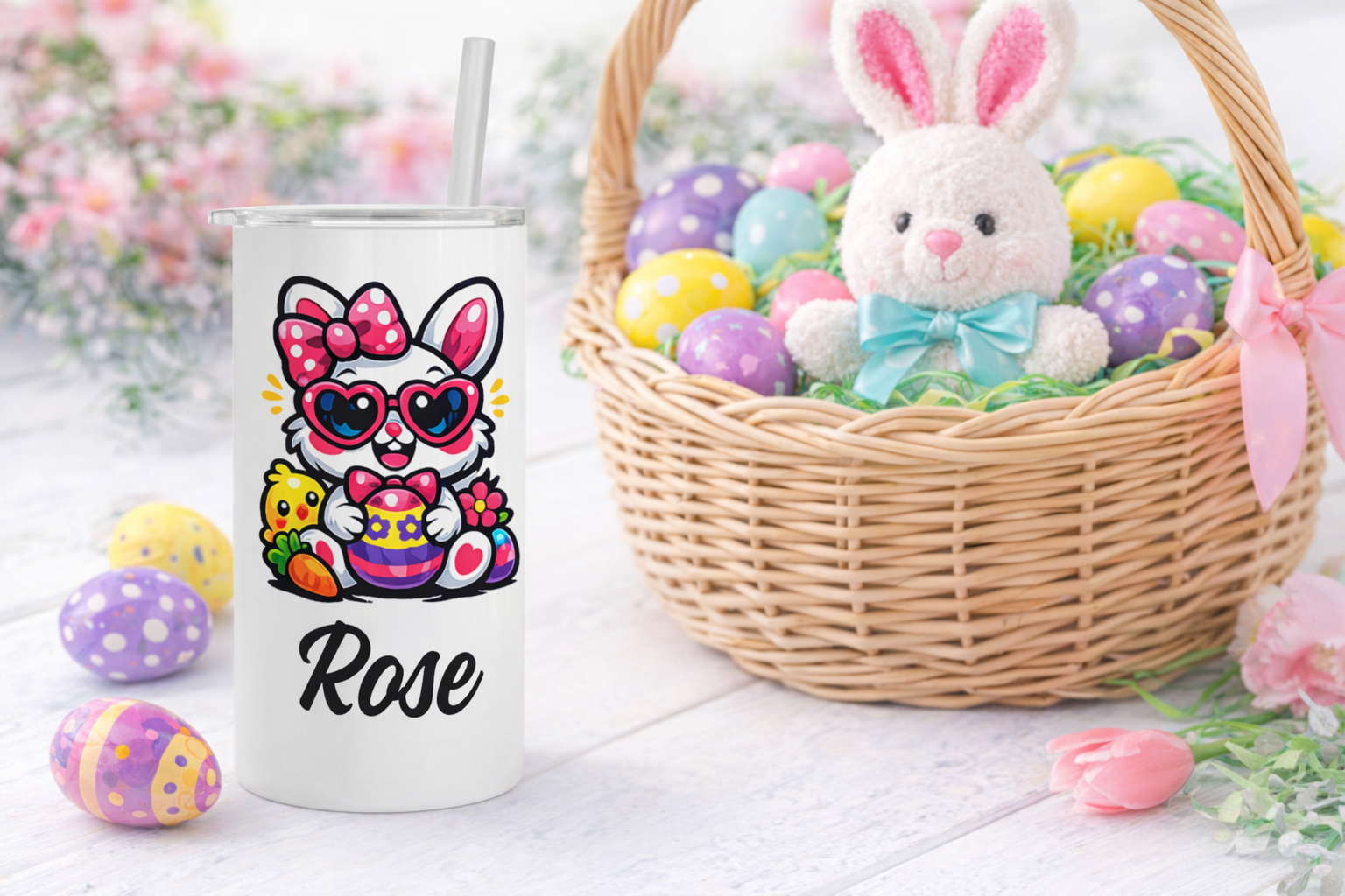 Personalized Easter Bunny Tumbler – 12oz Kids Cup with Name – Includes Reusable Straw