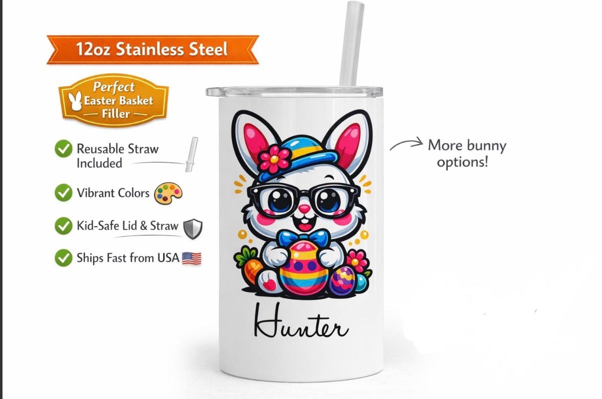 Personalized Easter Bunny Tumbler – 12oz Kids Cup with Name – Includes Reusable Straw