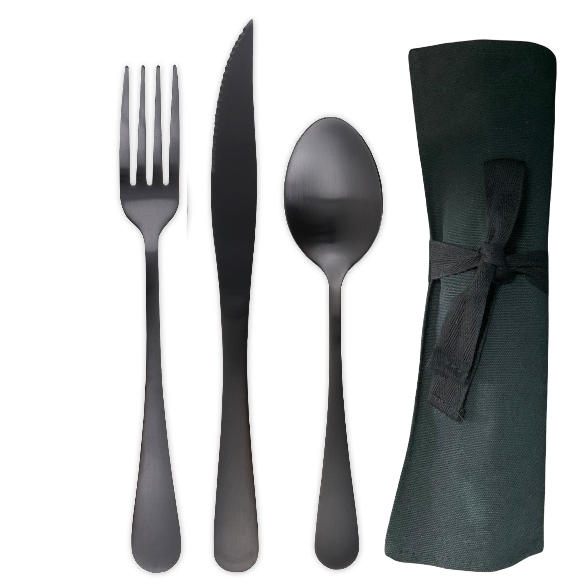 Large Traditional Travel Flatware Set with Steak Knife (Satin Black)