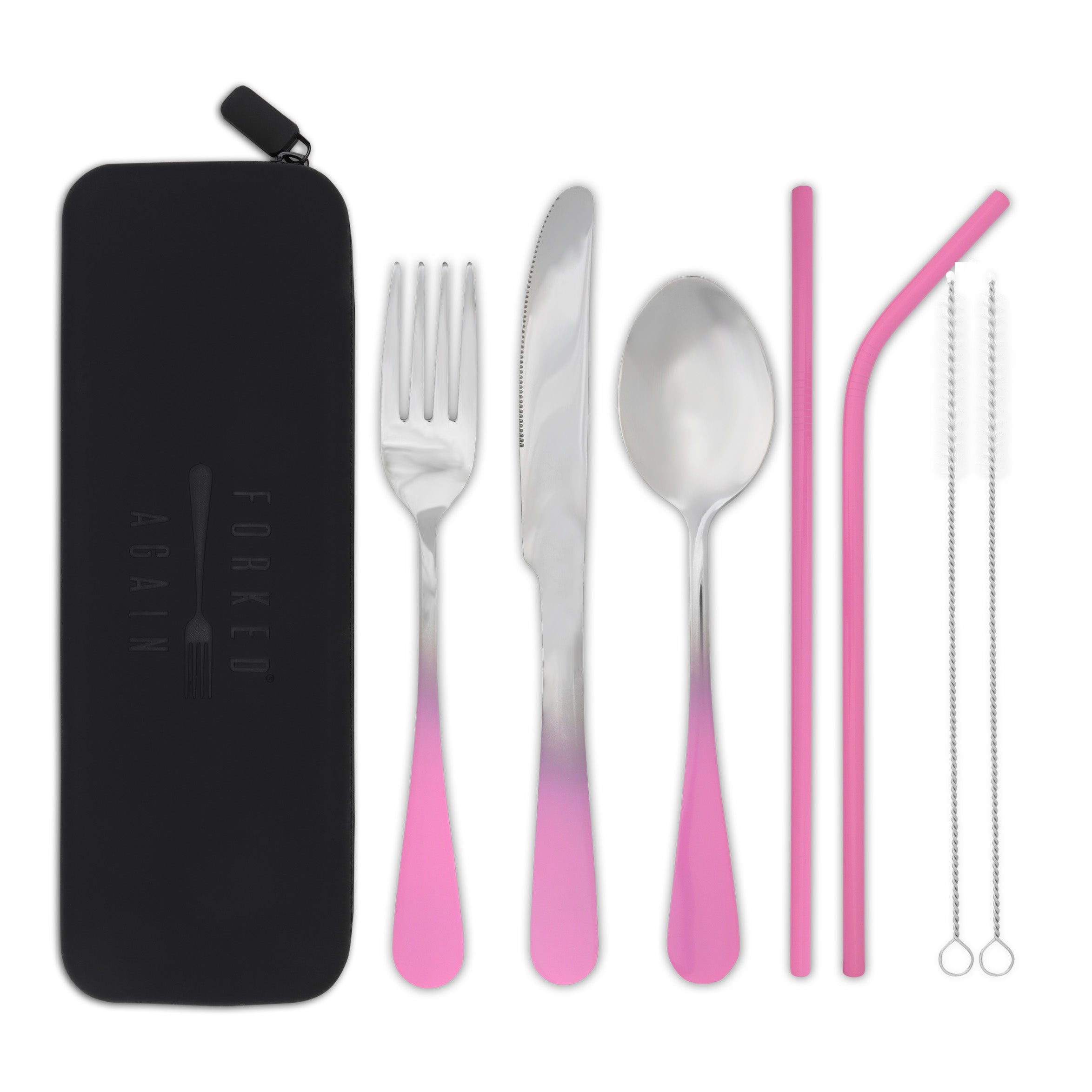 Traditional+Silicone Pouch Travel Cutlery Set (Pink Ombré)