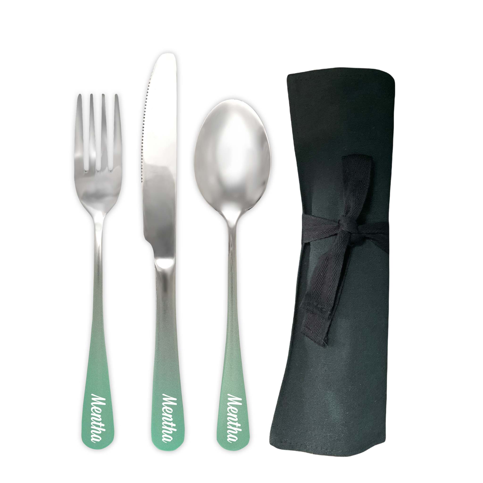 Traditional Travel Flatware Set in a Roll (Glossy Mint Green Ombré)