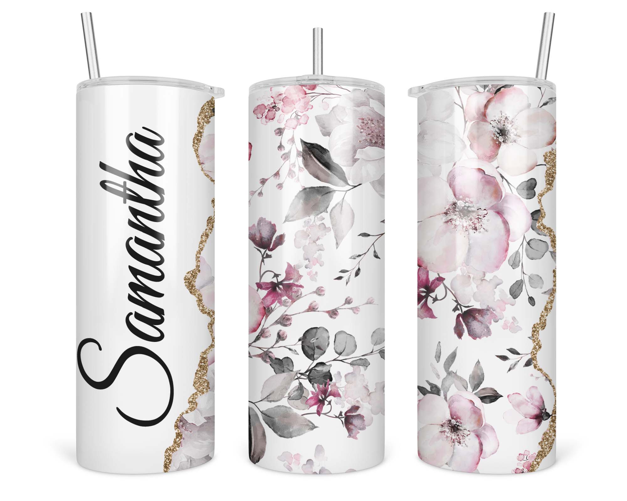 Personalized Pink Floral Skinny Tumbler
