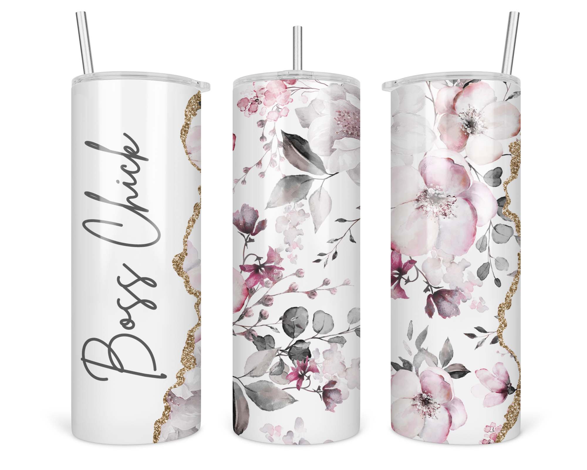 Personalized Pink Floral Skinny Tumbler