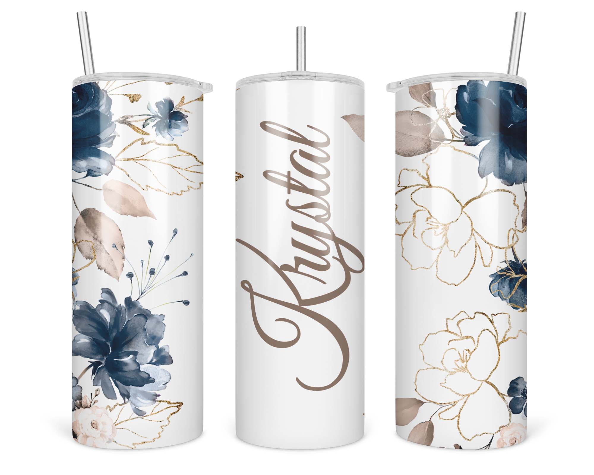 Personalized Navy Blue Floral Skinny Tumbler