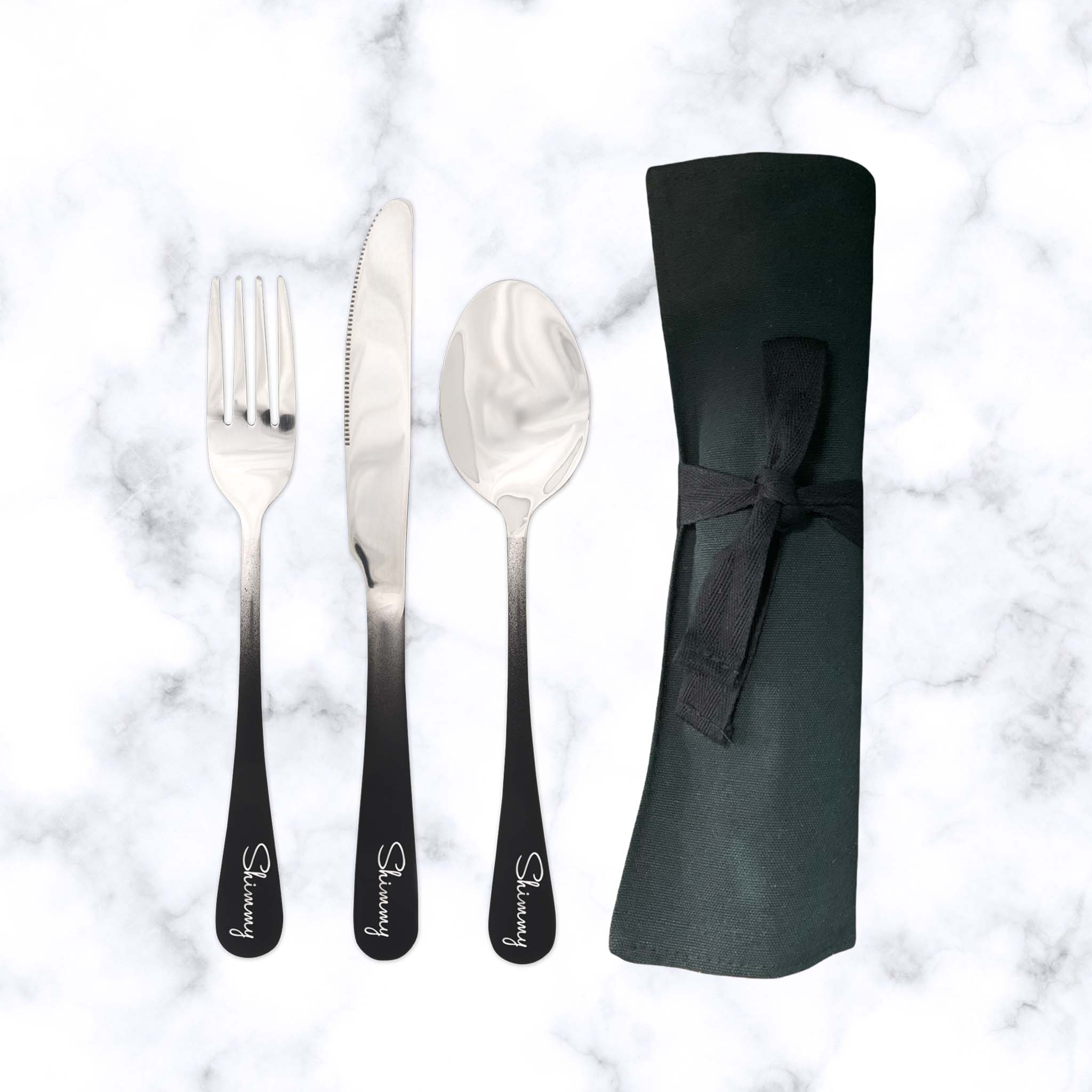 Traditional Travel Flatware Set in a Roll (Matte Black Ombre)