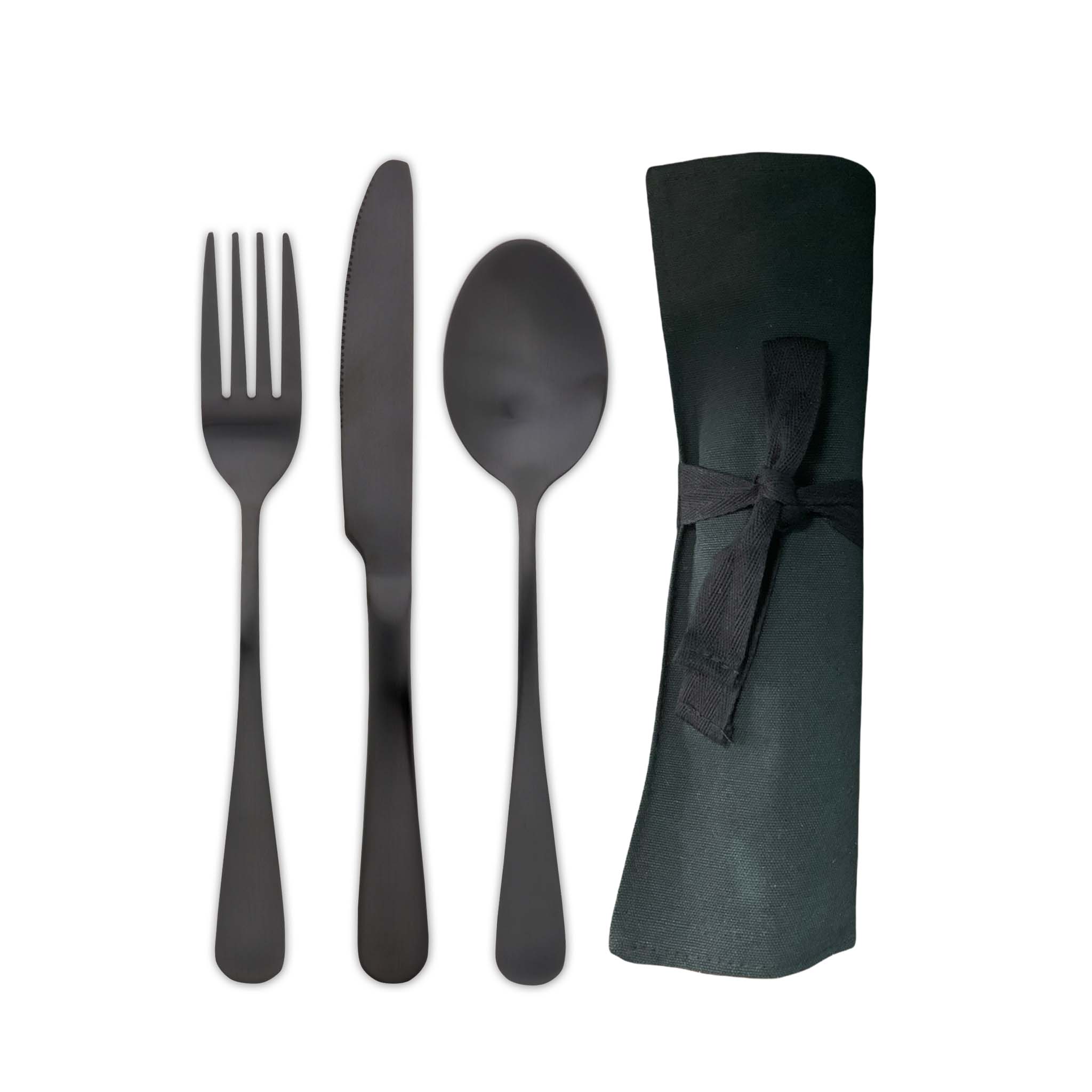 Traditional Travel Flatware Set in a Roll (Satin Black)