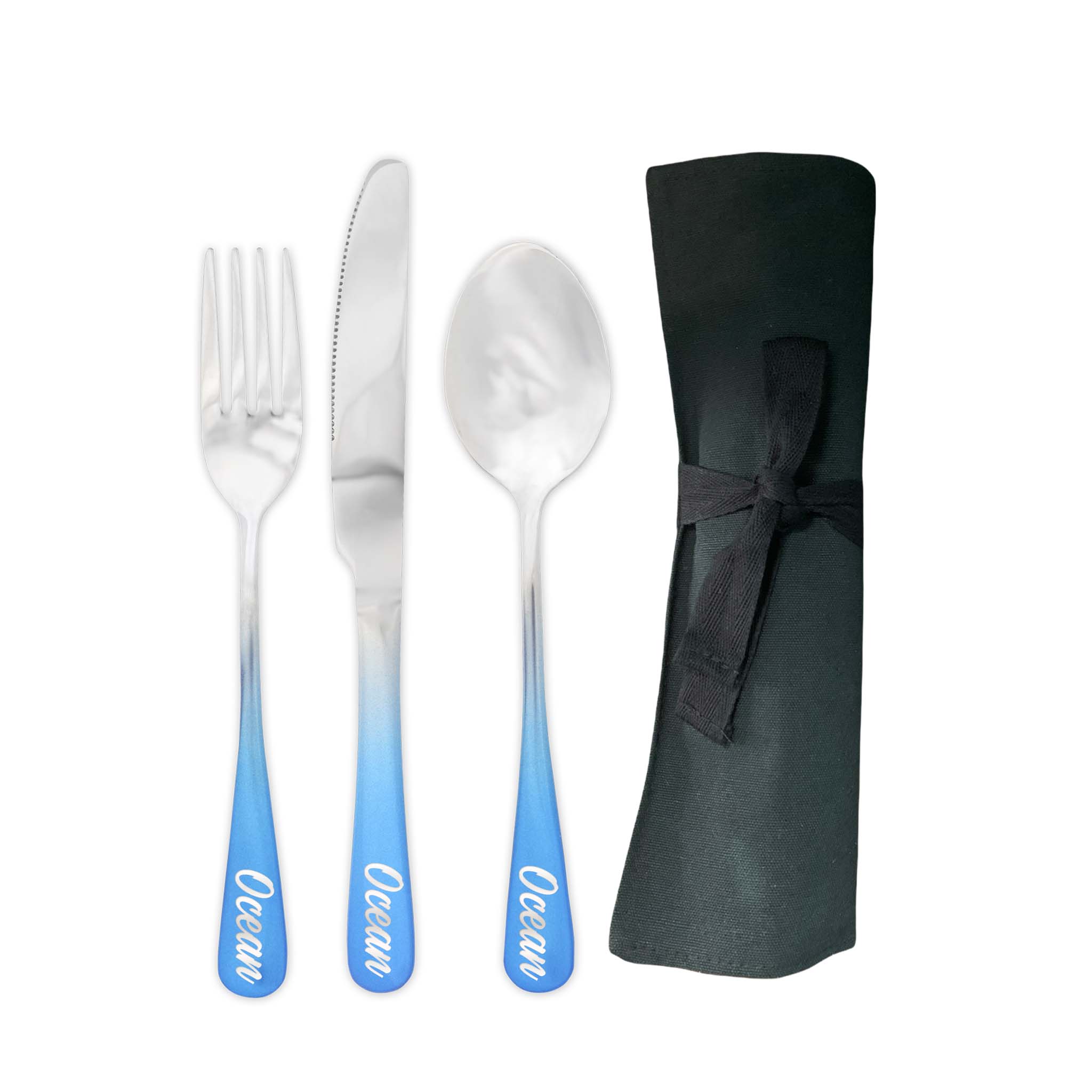 Traditional Travel Flatware Set in a Roll (Glossy Blue Ombre)