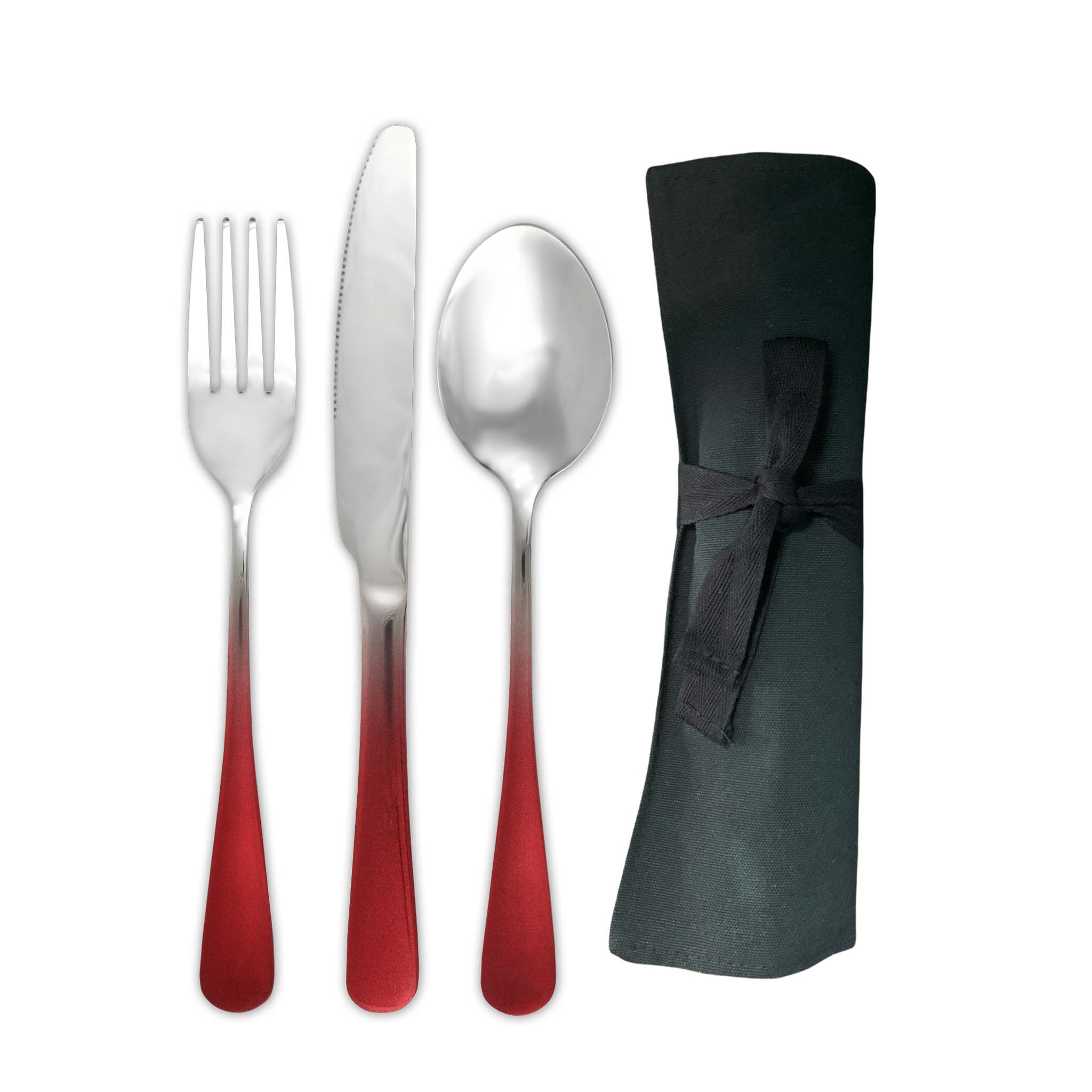Traditional Travel Flatware Set in a Roll (Glossy Red Ombré)